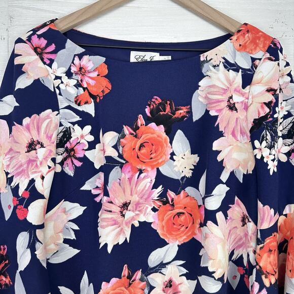 Eliza J Floral Print Shift Dress 12 Navy Blue Pink Bell Sleeve Wedding Guest - Picture 3 of 15